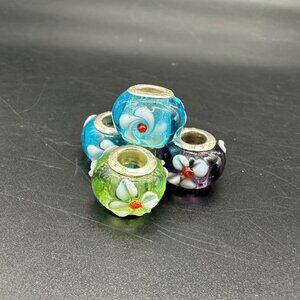 Glass Beads Polka Dot Sterling Silver 925 Charms Bracelet Or Necklace Flowers